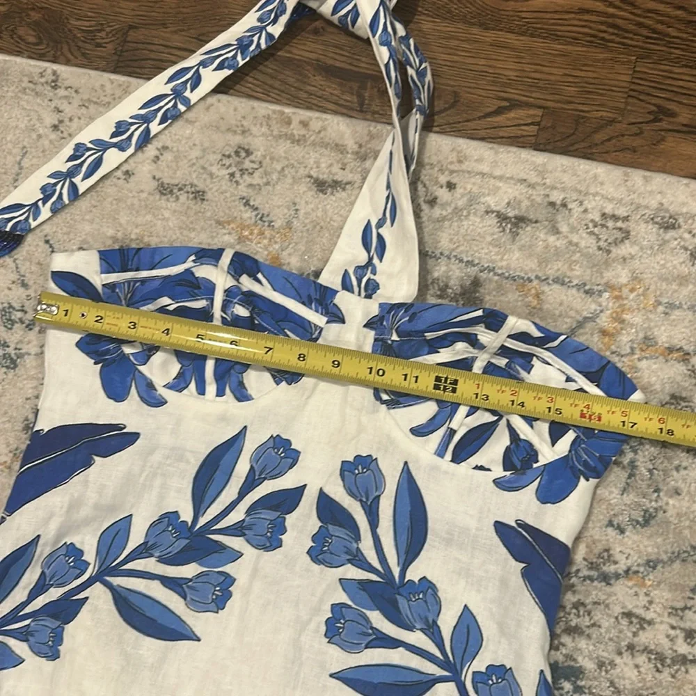 FARM Rio White Maxi Dress w/Bold Blue Floral Print Medium Like NEW! 100% Linen. - Picture 12 of 15
